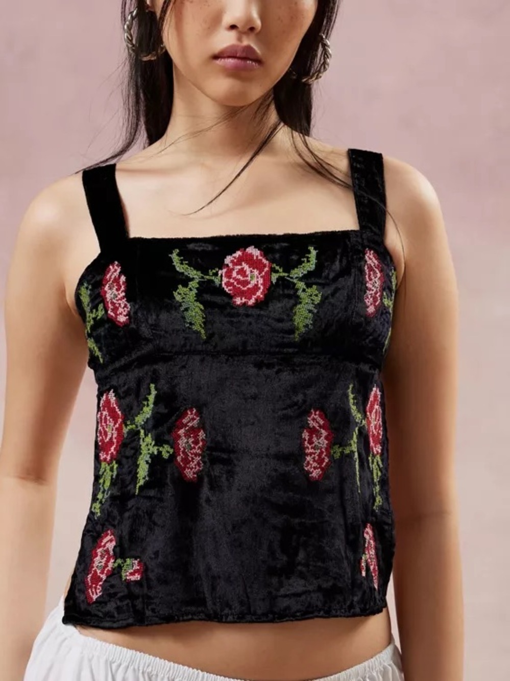 UO Kimchi Blue “Jana” Crushed Velvet Cropped Embroidered Tank Top With Open Back